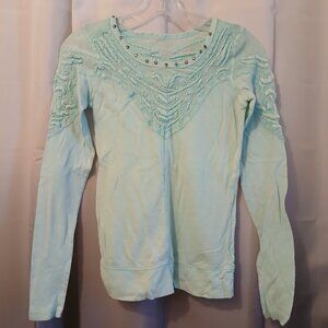 FREE PEOPLE Studded Mesh upper T-shirt Top XS Aqua Blue Scoop neck Boho Long Slv